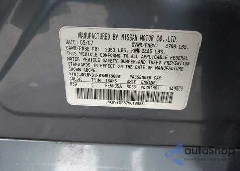2007 Infiniti G35X z USA, uszkodzony, nr VIN JNKBV61F87M818688